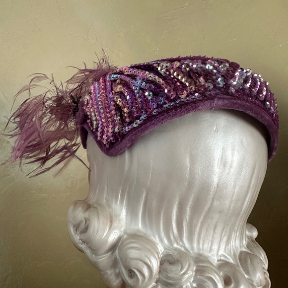 GLOWING 1950\'s PURPLE COCKTAIL HAT + SEQUINS/FEATHERS/FLOWERS/BROOCH main image 10